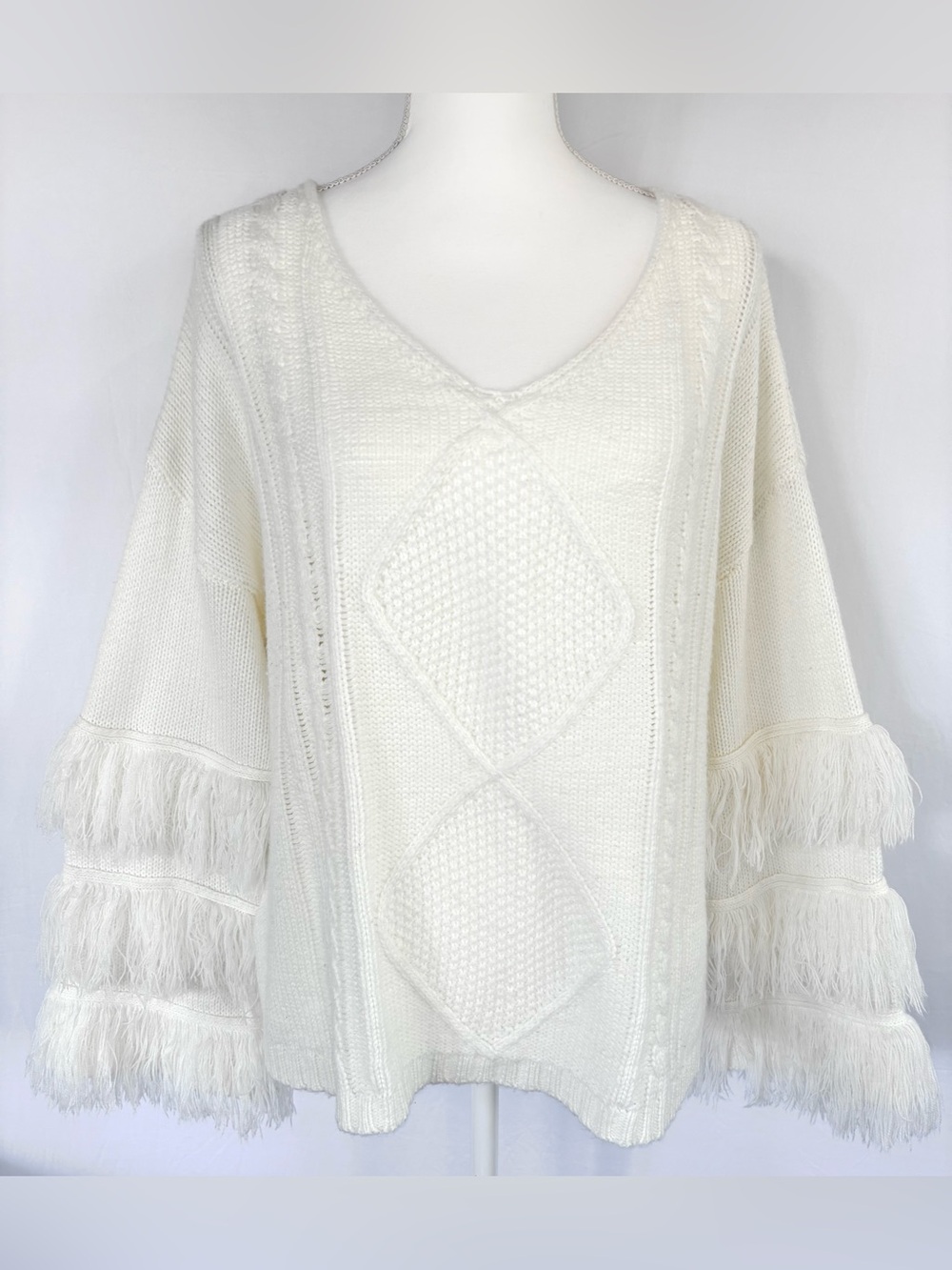 Boho Cable Knit Fringe Bell Sleeve V-Neck Sweater Cream L